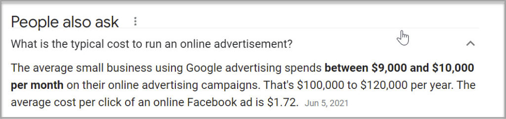 Google search about the cost of online ads